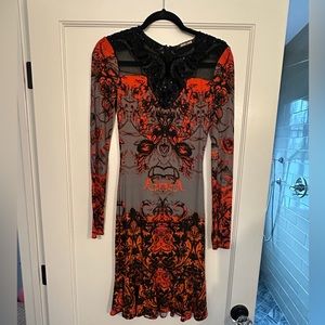Roberto Cavalli Orange Printed Jersey Long Sleeve Dress SIZE XS